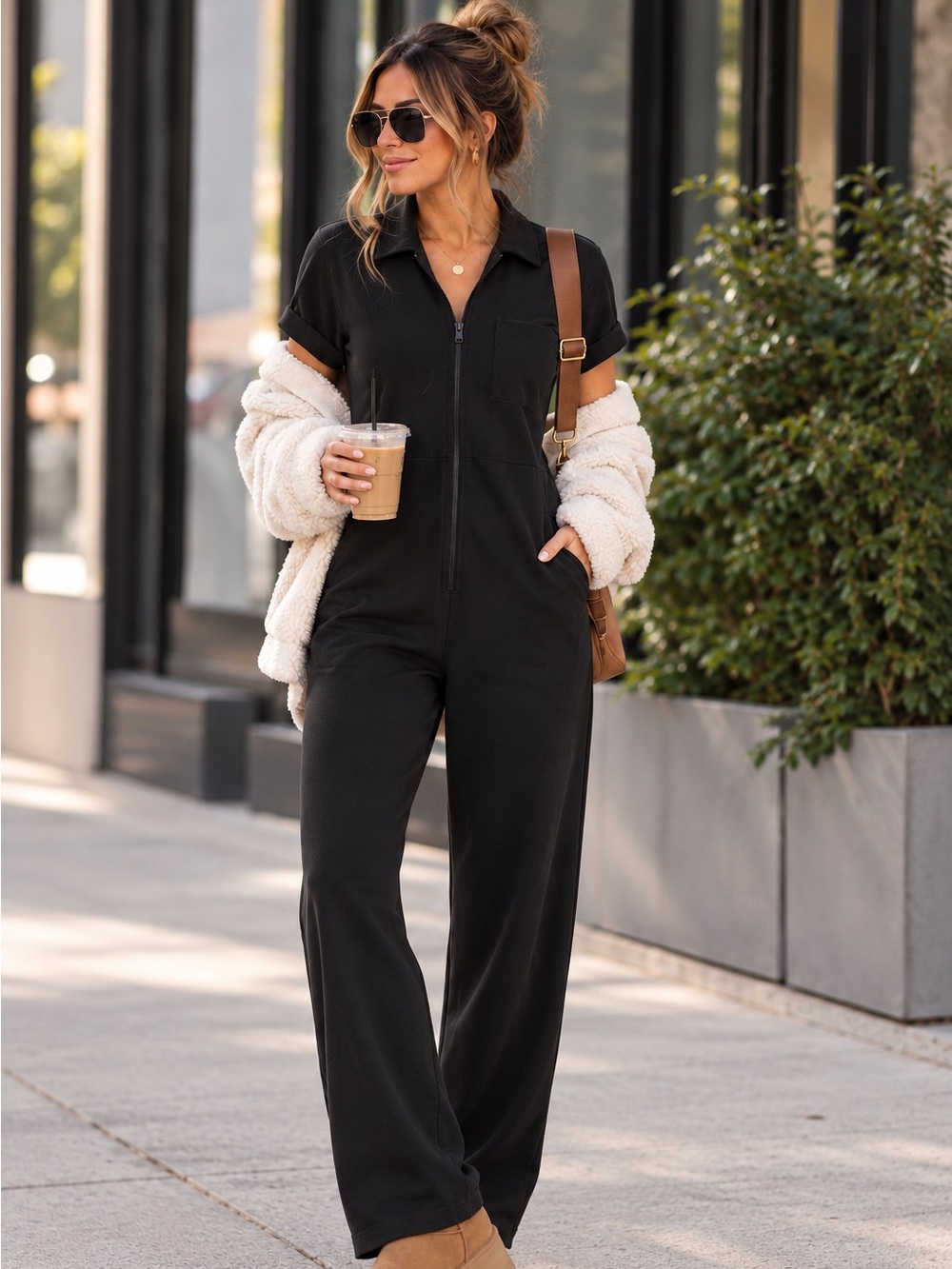 NWT Smash + Tess Black Bamboo Zip Front Comfy Short Sleeve Utility Jumpsuit